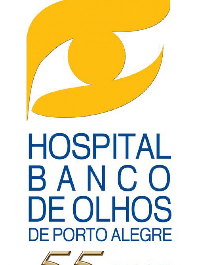 Logotipo do HBO, com desenho de um olho na parte superior na cor amarela. Abaixo a descrição "Hospital Banco de Olhos de Porto Alegre 55 anos, nas cores dourada e azul. Foto Divulgação.