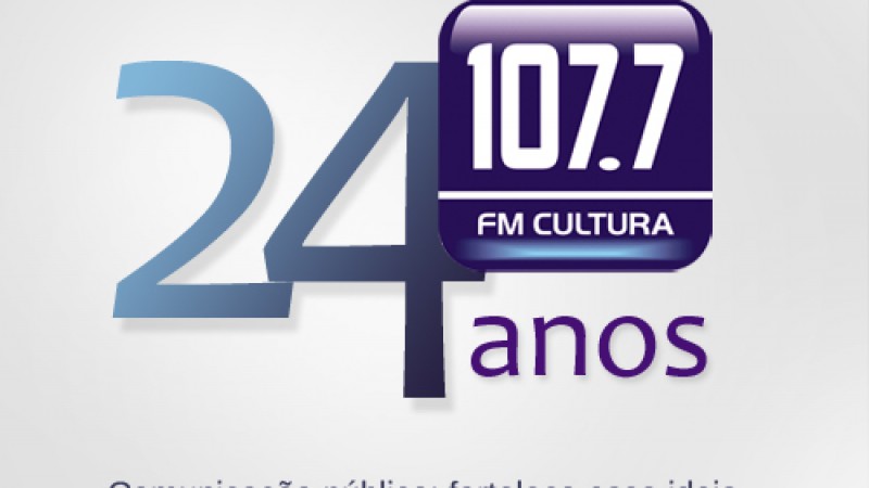 Imagem em formato quadrado com os dizeres 24 anos 107.7 em cultura, Comunicação pública. Fortaleça essa idéia.