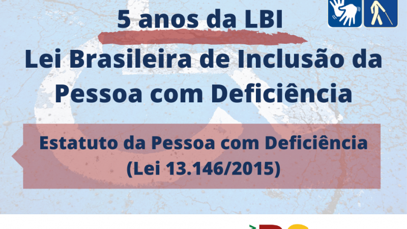 #ParaTodosVerem Cartão com fundo em transparência da imagem de uma vaga de estacionamento com o símbolo de acessibilidade da pessoa com deficiência física. Sobre a transparência está escrito na cor azul "5 anos da LBI, Lei Brasileira de Inclusão da