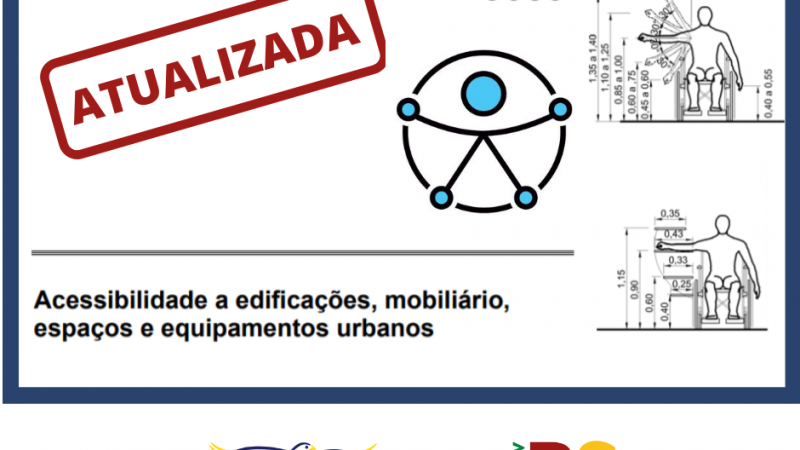 #PraTodosVerem Cartão com fundo branco. Na parte superior, ocupando dois terços do cartão, em um quadro com bordas azul escuro está escrito Norma Brasileira ABNT NBR 9050. Logo abaixo, uma marca de carimbo em vermelho diz Atualizada. Ao lado, o símbolo