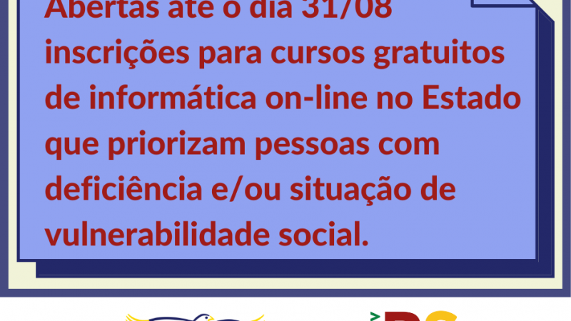 #ParaTodosVerem Cartão em formato retangular, com bordas em azul marinho e fundo cinza. No alto, à esquerda, em uma seta na cor vermelha está escrito na cor amarela “Agosto/2020”. Num retângulo com fundo azul, está escrito na cor vermelha “Abertas até o