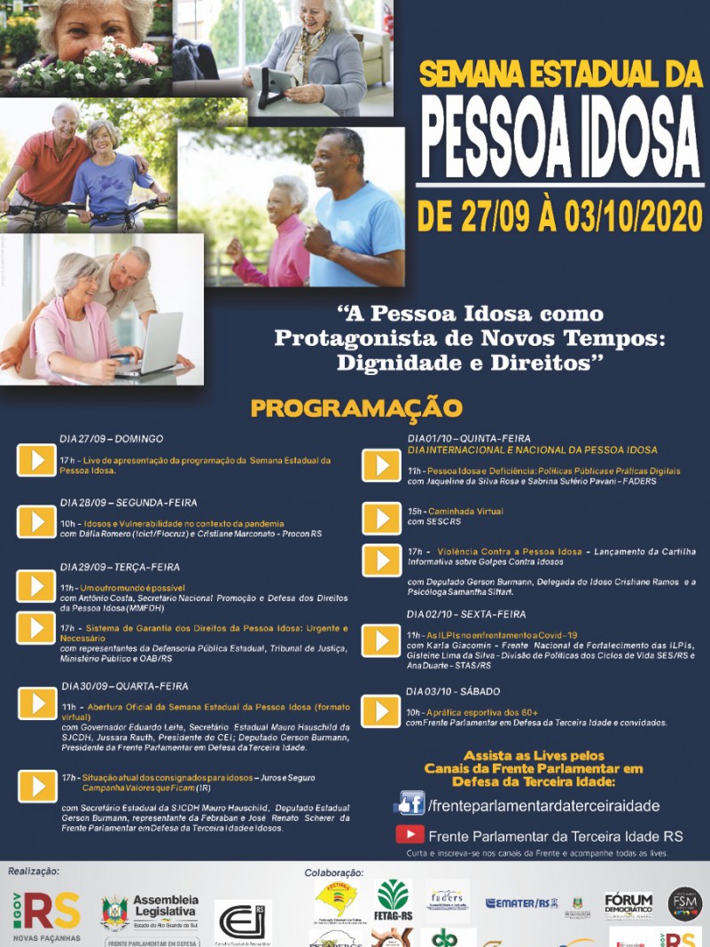 #PraTodosVerem Folder com fundo azul escuro. No alto, à esquerda, cinco fotos mostram pessoas idosas. A primeira, uma mulher de cabelos grisalhos respira perto de flores; a segunda tem uma mulher idosa mexendo num tablet; a terceira, um casal de pessoas