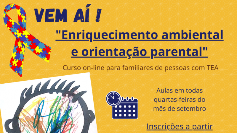 Cartão com fundo na cor amarela. No alto, à esquerda, um laço com desenhos de peças coloridas de quebra-cabeças. Ao lado, o título do curso. Abaixo, à esquerda, um desenho do contorno do busto de uma criança, colorido por traços em diferentes direções. À direita, o desenho de uma agenda e de um relógio, indicando quando iniciam as inscrições. No rodapé, a logomarca da FADERS.