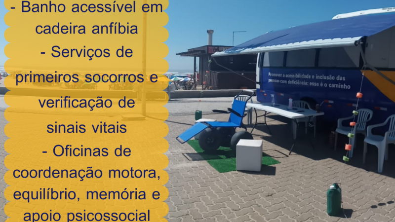 #PraTodosVerem Cartão com a foto de parte do Calçadão de Capão da Canoa, com a faixa de areia e o mar ao fundo, o ônibus da FADERS e uma cadeira anfíbia à direita. Sobre a foto, à esquerda, um retângulo vertical de cor amarela traz as seguintes informações: Banho acessível em cadeira anfíbia; Serviços de primeiros socorros e verificação de sinais vitais; Oficinas de coordenação motora, equilíbrio, memória e apoio psicossocial. No rodapé, as logomarcas da FADERS Acessibilidade e Inclusão, do Projeto Praia Acessível e da Cruz Vermelha Brasileira.