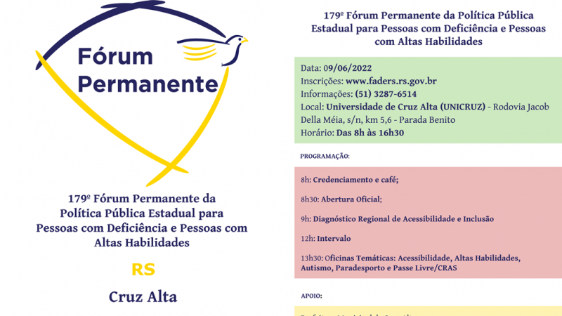 #PraTodosVerem: No lado superior esquerdo, quatro traços nas cores azul e amarela representam o formato do mapa do Rio Grande do Sul. Dentro da imagem, à direita, está o desenho da águia símbolo da FADERS. Abaixo do mapa e à direita, às informações que estão ao final do corpo do texto.