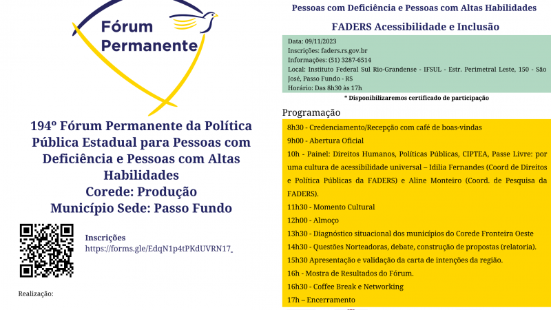 Card de divulgação do 194º Fórum Permanente da Política Pública Estadual para Pessoas com Deficiência e Pessoas com Altas Habilidades