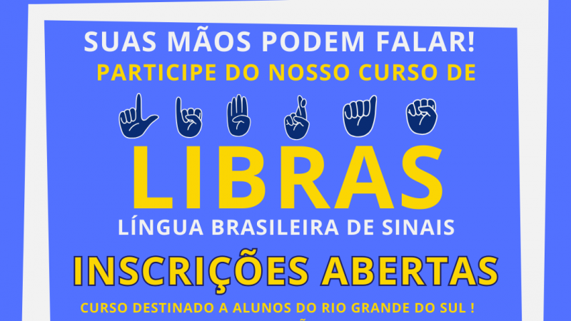 card xom fundo azul claro uma moldura branca ao redor...dentro escrito em branco - Suas mãos pode falar! em amarelo -  Participe do nosso curso de  em Líbras escrito libras em azul escuro - abaixo em amarelo a traução Libras - abaixo em branco Língua brasileira de sinais - abaixo em amarelo Inscrições abertas - abaixo ainda em amarelo mas com letras menores - curso destinado a alunos do Rio Grande do Sul - link de inscrição na Bio- em branco: Início das aulas  em 08 de abril - em azul escuro Disponível na Plataforma Google sala de aula até o dia 30 de setembro de 2024 - abaixo em branco : neste período você esclrecer dúvidas via plataforma com a nossa equipe - abaixo em azul escuro - 21 módulos composto de vídeolaulas e tarefas avaliativas e bem no final a logo da faders