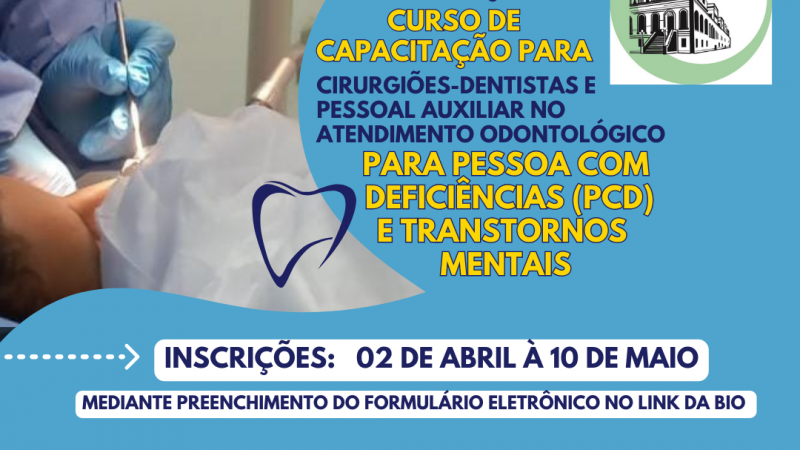 crd com fundo azul clado e no canto esquerdo uma foto de um atendimento odontológico - no lado direito no topop as logo da faders sec desenvolvimento social rs- sec saude rs e Hospital Psiquiátrico São Pedro- abaixo tem escrito CURSO DE CAPACITAÇÃO PARA CIRIRGIOES-DENTISTAS E PESSOAL AUXILIAR NO ATEDIMENTO ODONTOLÓGICO PARA PÉSSOAS COM DEFICIENCIA E TRANBSTORNOS MENTAIS- INSCRIÇÕES DE 02DE ABRIL A 10 DE MAIO - MEDIANTE PREENCHIMENTO DO FORMULÁRIO ELETRONICO NO LINK DA BIO