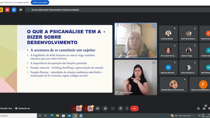 Foto da tela do computador - no canto esquerdo aparece as laminas que estão sendo apresentadas na aula de Constituição Psíquica, ao lado em formato grande a imagem da professora que explica o conteúdo e abaixo da intérprete de libras, ao lado na direita- em ícones menores as janelas dos participantes do curso. Fim da descrição