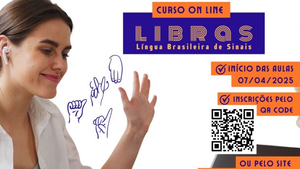 Card- Fundo em transparência onde aparece uma mulher jovem, com cabelos amarrados, fone de ouvido e acenando em frente a um computador ao redor varios sinais em livbras desenhados em azul, em sua frente em cima da mesa caderno e uma xicara. No lado direito tem as seguintes informações em laranja e azul escuro - CURSO ON LINE LIBRAS - LÍNGUA BRASILEIRA DE SINAIS- abaixo uma imagem dizendo que o mesmo é gratuito ( como se fosse um carimbo)- segue o texto abaixo:  INÍCIO DAS AULAS 07/04/2025 - INSCRIÇÃO PELO QR CODE ( E AFOTO DO QR CODE AO LADO) OU PELO SITE WWW.FADERS.RS.GOV.BR- AULA INAUGURAL ÁS 10H PELO GOOGLE MEET- abaixo as logos da Faders e da Secretaria de Desenvolvimento Social. Fim da descrição.
