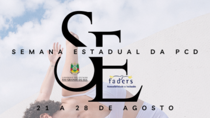 Card - ao fundo em segundo plano- uma foto em transparência de duas mulheres dançando, elas vestem conjunto de Top e Bermuda azuis claros, usam próteses oropédicas em uma das pernas, e estao com pé descalço. Ambas tem a pele clara, uma é loira com cabelos altura do ombro amarrados e outra tem cabelos crespos castanhos escuros e curtos. Em primeiro Plano tem a Logo da Semana estadual PCD no RS, e abaixo o seguinte texto em letras pretas: Ajude a escolher o temadeste ano, quando celebramos 10 anos da lei Brasileira de Inclusão (LBI) participando da nossa enquete até dia 30 de maio! - Seguem em amarelo - VOTE ATRAVÉS DO LINK DA BIO, QR CODE OU SITE WWW.FADERS.RS.GOV.BR - Você pode escolher até duas opções! - ao lado a imagem do QR Code.... abaixo seguem as logos da Faders e da Secretaria de Desenvolvimento do RS, e ao centro desta está o símbolo universal da acessibilidade. Fim da Descrição