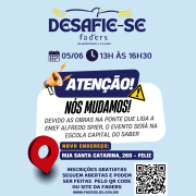 Card 1 - card com fundo azul claro- no topo a logo do Deafie-se Faders. Abaixo em azul as informações : data 05/06 e horário 13h às 16h30
abaixo vem a imagem de um alto falante do lado esquerdo e no direito o sinal de aviso ao centro numa moldura quadrada azul escrito em branco ATENÇÃO.
A seguir o texto em preto em uma moldura branca: NÓS MUDAMOS!
Devido as obras na ponte que liga a EMEF Alfredo Spier, o evento será na Escola Capital do Saber.
Abaixo o símbolo de loacalização em vermelhop e ao lado - Novo Endereço -  Rua Santa Catarina, 260 Feliz
Abaixo 

Inscrições gratuitas seguem abertas e podem ser feitas pelo QR Code ou site da Faders ( www.faders.rs.gov.br) 
Ao lado do texto a imagem do QR Code
Abaixo as logos da: Sec. de Desenvolvimento Social RS, Prefeitura de Feliz, Apae e Escola de Educação especial Um Sorriso a Mais. Fim da descrição
