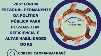 card 1- card com fundo verde menta - no topo a esquerda tem escrito "206º Edição Fórum Estadual Permanente da Política Pública para Pessoas com Deficiencia e Altas Habilidades do RS". Abaixo a imagem de localização e ao lado " Corede Campanha /Bagé, Fóum - Auditório da Universidade Federal do Pampa- Av. Maria Anunciação Gomes Godoy 1650, Bagé-  Abaixo a imagem de um calendário e a data do evento 25/06 ao lado a imagem de um relógio e horário 8h30 às 17h. direita no topo um círculo azul dentro dele um círculo feito por várias mão es e no centro a Logomarca do Fórum Permanente . Abaixo o texto - Inscrições pelo QR Code ou site da faders (www.fadrs.rs.gov.br) ao lado o QR Code. Abaixo a logo do Deafie-se Faders, ao lado a imagem de um calendário e relógio com a data e horário do evento - 24/06 das 13h30 às 16h30. Fim da Descrição