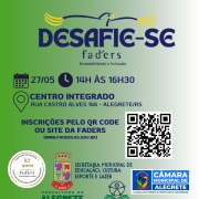 Card informativo com fundo em degrad&ecirc; verde e branco. Na parte superior est&aacute; o logo &ldquo;Desafie-se Faders &ndash; Acessibilidade e Inclus&atilde;o&rdquo;, com um p&aacute;ssaro estilizado azul e amarelo.

Logo abaixo, aparecem os detalhes do evento acompanhados de &iacute;cones:
Data: 27/05.
Hor&aacute;rio: das 14h &agrave;s 16h30.
Local: Centro Integrado, Rua Castro Alves, 146, em Alegrete/RS.

Ao centro, o card informa que as inscri&ccedil;&otilde;es podem ser feitas pelo QR Code exibido &agrave; direita ou pelo site da Faders. ( www.faders.rs.gov.br)

Na parte inferior est&atilde;o os logotipos das institui&ccedil;&otilde;es parceiras e apoiadoras: selo comemorativo de 52 anos da Faders, Prefeitura de Alegrete, Secretaria Municipal de Educa&ccedil;&atilde;o, Cultura, Esporte e Lazer, C&acirc;mara Municipal de Alegrete, NAEE Alegrete, Corede Fronteira Oeste, Esporte para Todos e o logo da Faders Acessibilidade e Inclus&atilde;o.