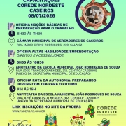 Card com fundo em degrad&ecirc; nas cores verde-claro e amarelo. No topo, em destaque, o t&iacute;tulo: "Capacita&ccedil;&otilde;es COREDE Nordeste &ndash; Caseiros &ndash; 08/07/2026".

&Agrave; direita, h&aacute; uma ilustra&ccedil;&atilde;o circular formada por v&aacute;rias m&atilde;os de diferentes tons de pele unidas, criando um c&iacute;rculo ao redor de uma fotografia de uma capacita&ccedil;&atilde;o, onde uma pessoa apresenta conte&uacute;do para um pequeno grupo de participantes.
O card divulga tr&ecirc;s oficinas gratuitas:
1. Oficina No&ccedil;&otilde;es B&aacute;sicas de Prepara&ccedil;&atilde;o para o Trabalho
Hor&aacute;rio: das 8h30 &agrave;s 11h30.
Local: C&acirc;mara Municipal de Vereadores de Caseiros, Rua M&aacute;rio Cirino Rodrigues, n&ordm; 239, Sala 02.
2. Oficina Altas Habilidades/Superdota&ccedil;&atilde;o &ndash; Direitos e Acessibilidade
Hor&aacute;rio: das 8h30 &agrave;s 10h30.
Local: Anfiteatro da Escola Municipal Jo&atilde;o Rodrigues de Souza, Rua Jos&eacute; Francisco Mendes, n&ordm; 312, Centro de Caseiros, anexo &agrave; Secretaria Municipal de Educa&ccedil;&atilde;o.
3. Oficina Rota da Autonomia: Preparando Jovens com TEA para o Futuro
Hor&aacute;rio: das 14h &agrave;s 16h.
Local: Anfiteatro da Escola Municipal Jo&atilde;o Rodrigues de Souza, Rua Jos&eacute; Francisco Mendes, n&ordm; 312, Centro de Caseiros, anexo &agrave; Secretaria Municipal de Educa&ccedil;&atilde;o.

Ao lado de cada oficina h&aacute; &iacute;cones de um bloco de anota&ccedil;&otilde;es, um rel&oacute;gio indicando o hor&aacute;rio e um marcador de localiza&ccedil;&atilde;o indicando o endere&ccedil;o.
Na parte inferior do card aparece a informa&ccedil;&atilde;o: "Link para inscri&ccedil;&otilde;es no site da FADERS &ndash; www.faders.rs.gov.br".
Na faixa inferior est&atilde;o os logotipos da FADERS Acessibilidade e Inclus&atilde;o, do Governo do Estado do Rio Grande do Sul, da Prefeitura de Caseiros, do COREDE Nordeste e do COMGEMAS. 