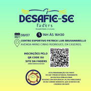 Card de divulga&ccedil;&atilde;o do evento Desafie-se FADERS, com fundo em degrad&ecirc; nas cores verde-claro, amarelo e azul-turquesa. Na parte superior, em destaque, aparece o logotipo do Desafie-se FADERS Acessibilidade e Inclus&atilde;o, composto pelo nome do evento em letras azuis e por um p&aacute;ssaro estilizado acima da palavra "Desafie-se".

Logo abaixo, &iacute;cones de calend&aacute;rio, rel&oacute;gio e localiza&ccedil;&atilde;o apresentam as informa&ccedil;&otilde;es do evento:

Data: 8 de julho.
Hor&aacute;rio: das 14h &agrave;s 16h30.
Local: Centro Esportivo Patrick Luis Brusamarello, localizado na Avenida M&aacute;rio Cirino Rodrigues, em Caseiros.

Ao centro do card, est&aacute; o convite para inscri&ccedil;&atilde;o com o texto: "Inscri&ccedil;&otilde;es pelo QR Code ou site da FADERS (www.faders.rs.gov.br)", acompanhado de um QR Code &agrave; direita.

Na parte inferior esquerda h&aacute; um selo circular ilustrado por v&aacute;rias m&atilde;os de diferentes tons de pele formando um c&iacute;rculo ao redor da express&atilde;o "F&oacute;rum Permanente", simbolizando uni&atilde;o, participa&ccedil;&atilde;o e inclus&atilde;o.

Ao lado do selo, o card informa que o Desafie-se FADERS integra a programa&ccedil;&atilde;o do 220&ordm; F&oacute;rum Estadual Permanente da Pol&iacute;tica P&uacute;blica para Pessoas com Defici&ecirc;ncia e Altas Habilidades do Rio Grande do Sul &ndash; COREDE Nordeste, que ser&aacute; realizado em Caseiros, no dia 9 de julho.

O material utiliza linguagem visual simples, com &iacute;cones e cores suaves, destacando as informa&ccedil;&otilde;es principais e convidando a comunidade a participar de uma atividade voltada &agrave; inclus&atilde;o, &agrave; conviv&ecirc;ncia e &agrave; valoriza&ccedil;&atilde;o das potencialidades de todas as pessoas.