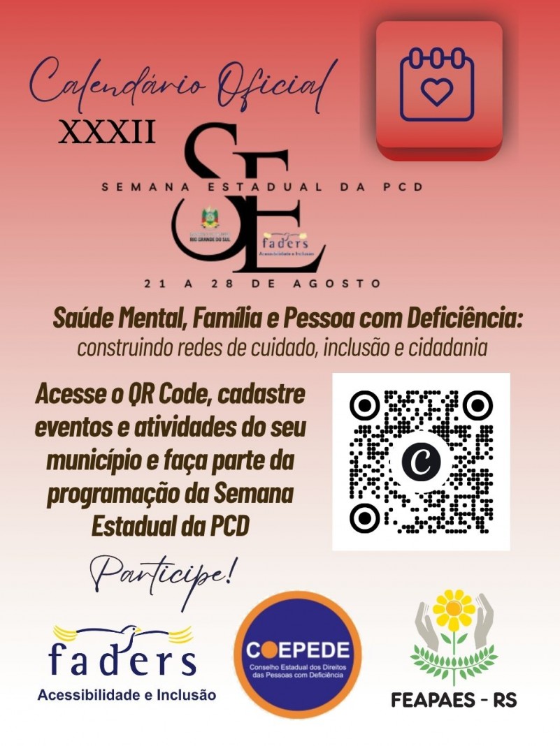 card de divulga&ccedil;ao do calend&aacute;rio oficial da Semana estadual PCD 2026, com o link para que cada mun&iacute;cipio acesse o firmul&aacute;rio e preencha com suas atividades e a&ccedil;oes e fa&ccedil;a parte do calendario estadual 